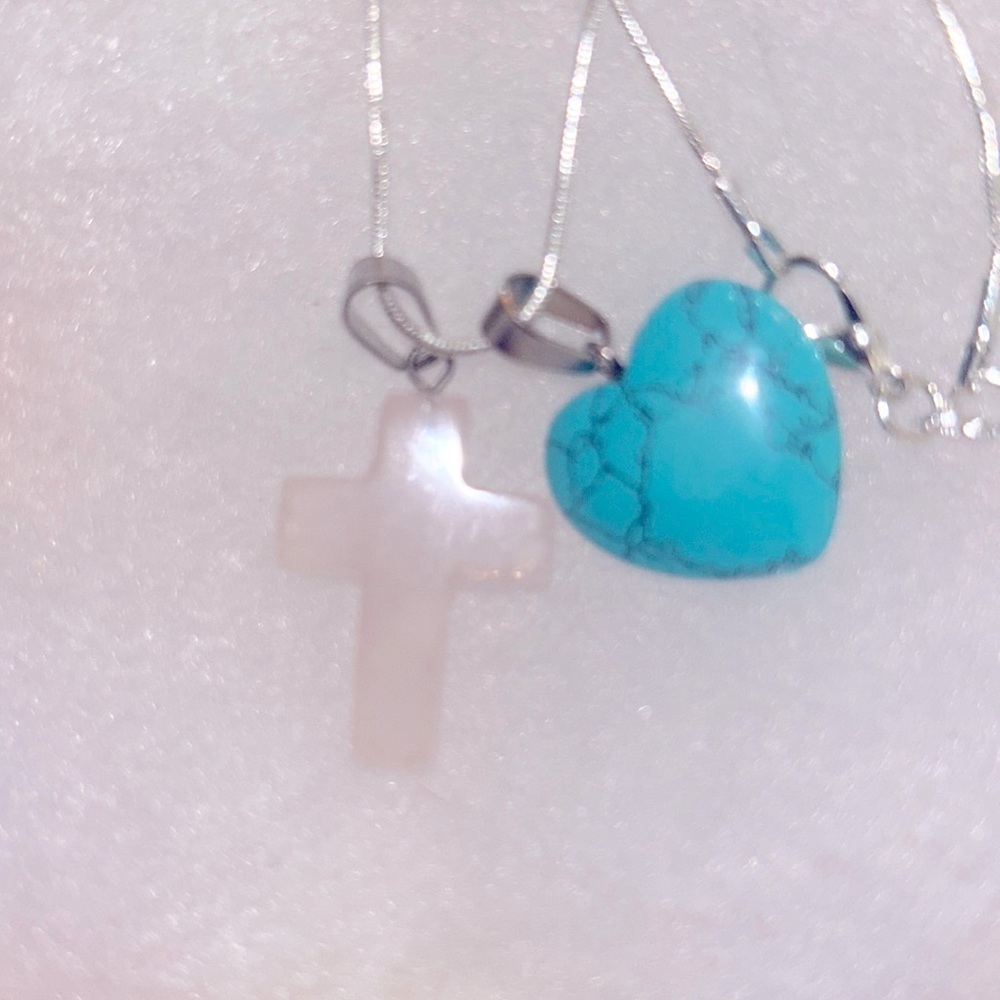 Boho hippie Rose Quartz Crystal Cross & Turquoise heart Sterling Silver 16” N… - Picture 4 of 6